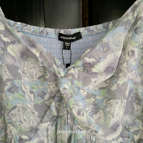 NWT Mittoshop Blue Gray Floral Princess Neckline Boho Midi Dress Size Large - Picture 3 of 15